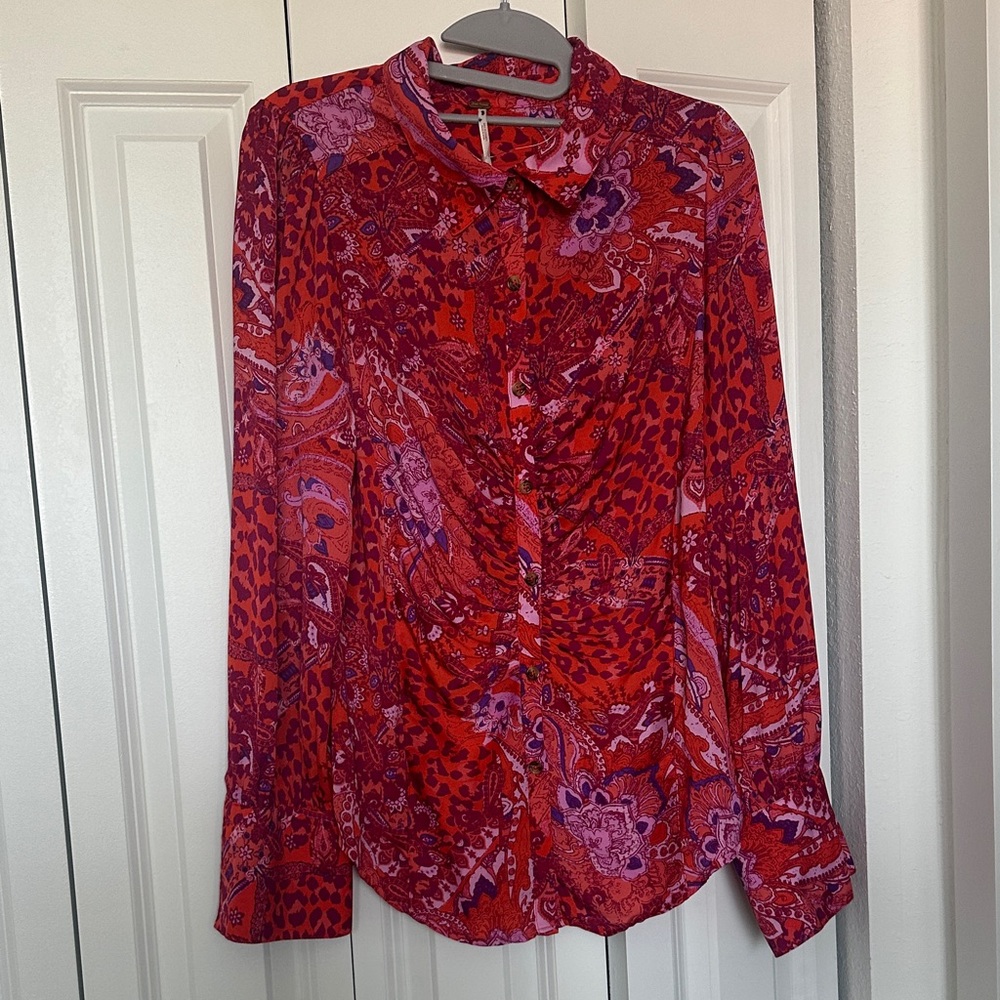 Free People Vibrant Red and Purple Button Down Shirt